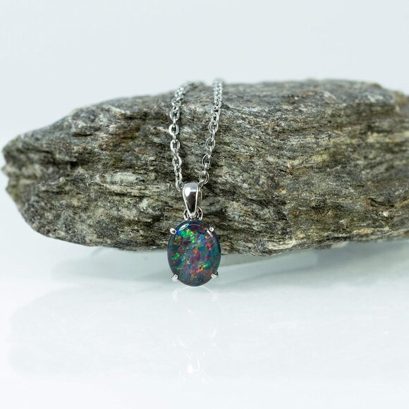 Australian Triplet Opal Necklace Pendant Sterling Silver White Gold Women's Jewe - Picture 5 of 7